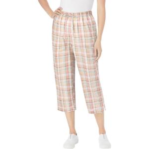 Woman Within Plus Size Seersucker Pull-On Elastic-Waist Capri Pants(New Khaki Plaid)
