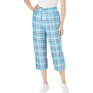 Woman Within Plus Size Seersucker Pull-On Elastic-Waist Capri Pants(Paradise Blue Plaid)