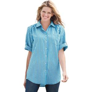 Woman Within Plus Size Short-Sleeve Button Down Seersucker Shirt(Vibrant Blue Pop Stripe)