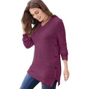 Woman Within Plus Size Side Button V-Neck Waffle Knit Sweater(Deep Claret)