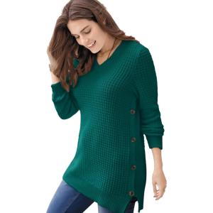 Woman Within Plus Size Side Button V-Neck Waffle Knit Sweater(Emerald Green)