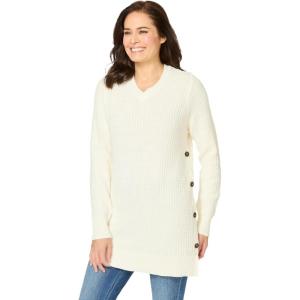Woman Within Plus Size Side Button V-Neck Waffle Knit Sweater(Ivory)