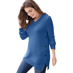 Woman Within Plus Size Side Button V-Neck Waffle Knit Sweater(Royal Navy)