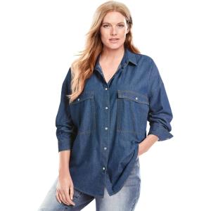 Woman Within Plus Size Snap Front 4-Pocket Denim Big Shirt(Medium Stonewash)