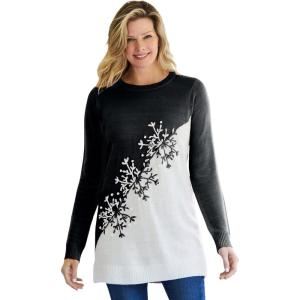 Woman Within Plus Size Snowflake Jacquard Pullover Sweater(Black Snowflake Embroidery)