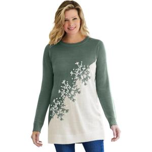 Woman Within Plus Size Snowflake Jacquard Pullover Sweater(Pine Snowflake Embroidery)