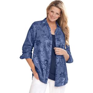 Woman Within Plus Size Soft Faux Suede Shirt(Light Indigo Sketched Folk)