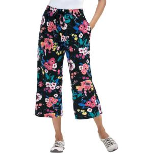 Woman Within Plus Size Sport-Knit Pull-On Capri Pants(Black Multi Floral)