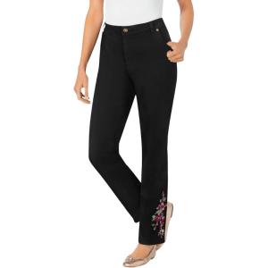 Woman Within Plus Size Straight-Leg Stretch Denim Five-Pocket Jeans(Black Bloom Embroidery)