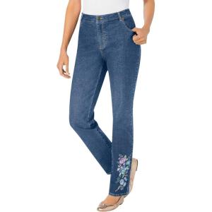 Woman Within Plus Size Straight-Leg Stretch Denim Five-Pocket Jeans(Stonewash Floral)