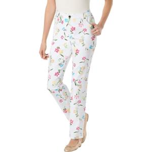 Woman Within Plus Size Straight-Leg Stretch Denim Five-Pocket Jeans(White Flowers)