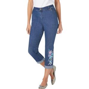 Woman Within Plus Size Stretch Denim Five-Pocket Girlfriend Jeans(Medium Stonewash Floral Embroidery)