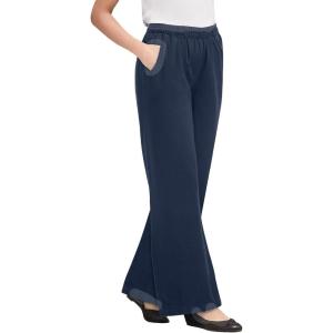Woman Within Plus Size Tall Perfect Elastic-Waist Wide-Leg All-Cotton Pull-On Denim Jeans(Navy)