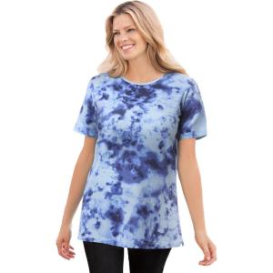 Woman Within Plus Size Waffle Thermal Satin Trim Tee(Navy Tie Dye)