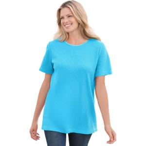 Woman Within Plus Size Waffle Thermal Satin Trim Tee(Paradise Blue)