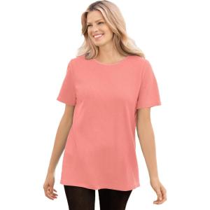 Woman Within Plus Size Waffle Thermal Satin Trim Tee(Sweet Coral)