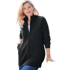 Woman Within Plus Size Zip Front Shaker Cardigan(Black)