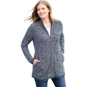 Woman Within Plus Size Zip Front Shaker Cardigan(Black White Marled)