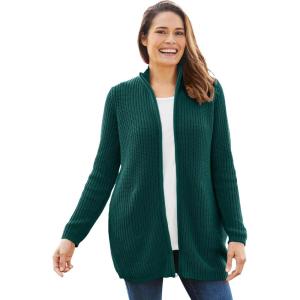 Woman Within Plus Size Zip Front Shaker Cardigan(Emerald Green)