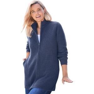 Woman Within Plus Size Zip Front Shaker Cardigan(Navy)
