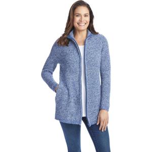 Woman Within Plus Size Zip Front Shaker Cardigan(Royal Navy White Marled)