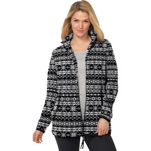 Woman Within Plus Size Zip-Front Microfleece Jacket Long Oversized Fleece(Black Fair Isle)
