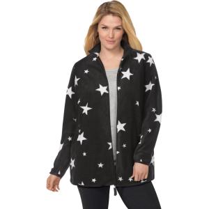 Woman Within Plus Size Zip-Front Microfleece Jacket Long Oversized Fleece(Black White Stars)