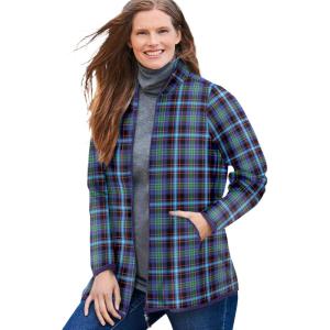 Woman Within Plus Size Zip-Front Microfleece Jacket Long Oversized Fleece(Blue Plaid)