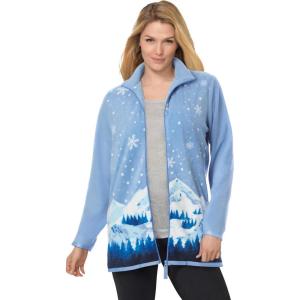 Woman Within Plus Size Zip-Front Microfleece Jacket Long Oversized Fleece(French Blue Mountain)
