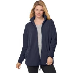 Woman Within Plus Size Zip-Front Microfleece Jacket Long Oversized Fleece(Navy)