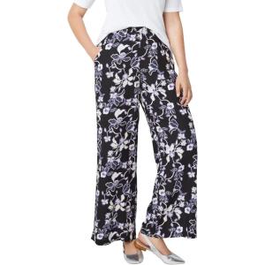 ellos Plus Size Wide-Leg Soft Pants with Back Elastic(Navy Floral Print)