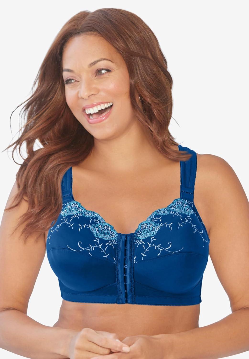 imageComfort Choice Womens Plus Size FrontClose Embroidered Wireless Posture BraOcean Teal Floral Embroidery