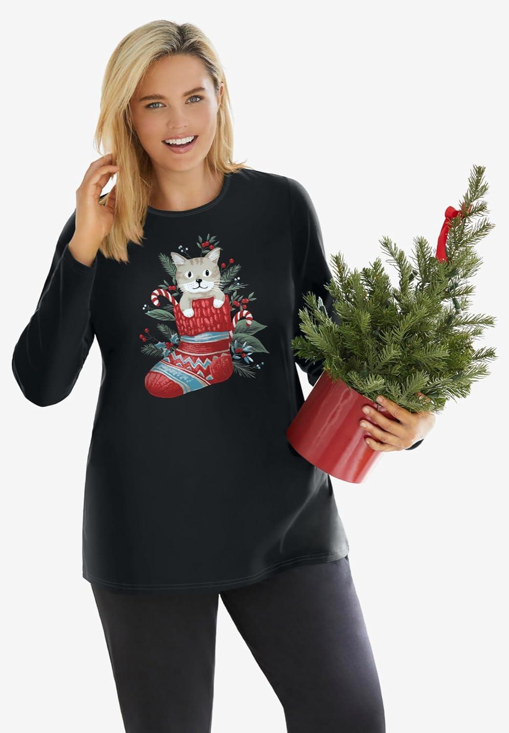 imageWoman Within Plus Size Holiday Graphic TeeBlack Red Candy Cane Heart