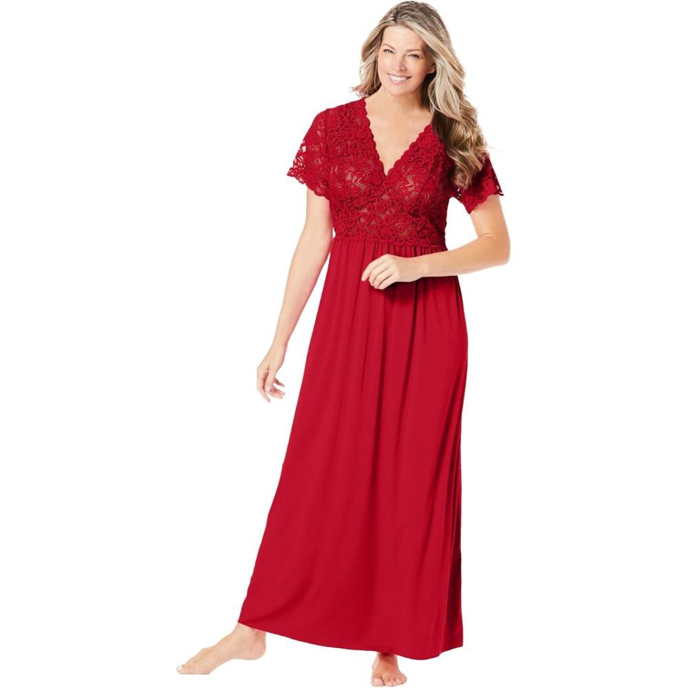 imageAmoureuse Plus Size Long Lace Top Stretch Knit GownClassic Red