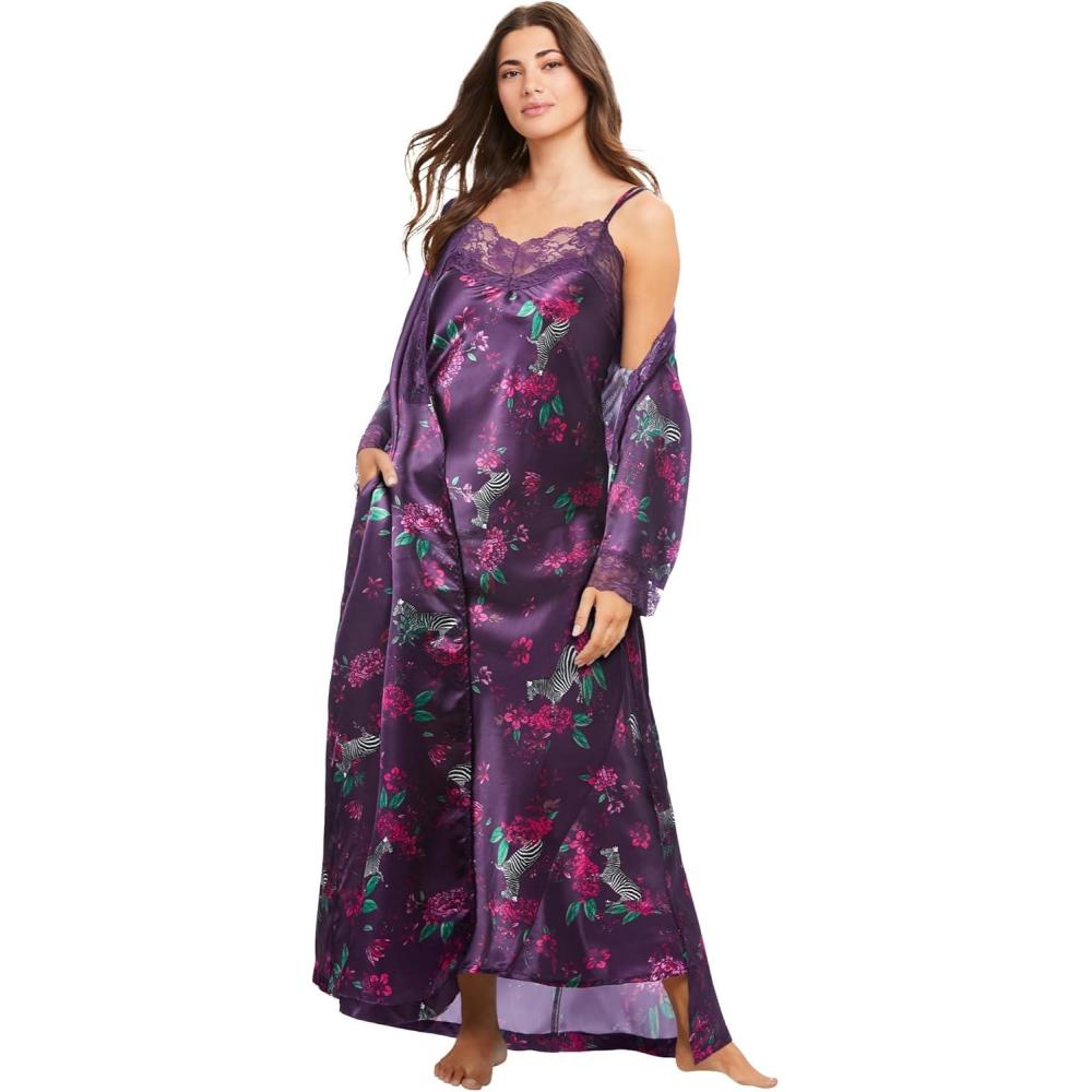 imageAmoureuse Plus Size The Luxe Satin Long Peignoir SetDark Grape Zebra