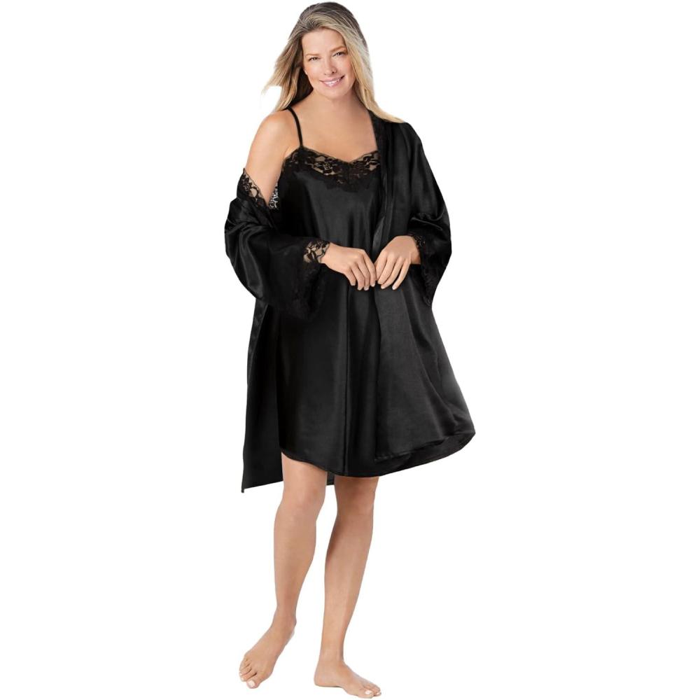 imageAmoureuse Plus Size The Luxe Satin Short Peignoir SetBlack