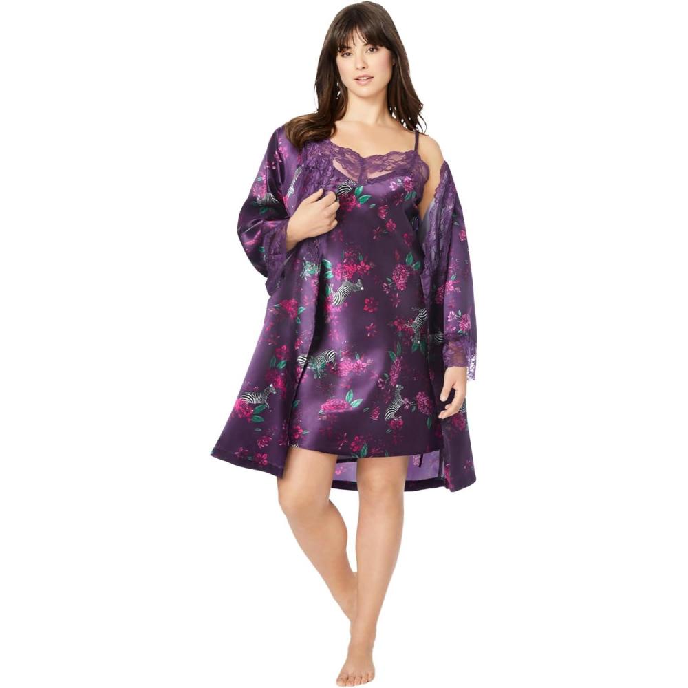imageAmoureuse Plus Size The Luxe Satin Short Peignoir SetDark Grape Zebra