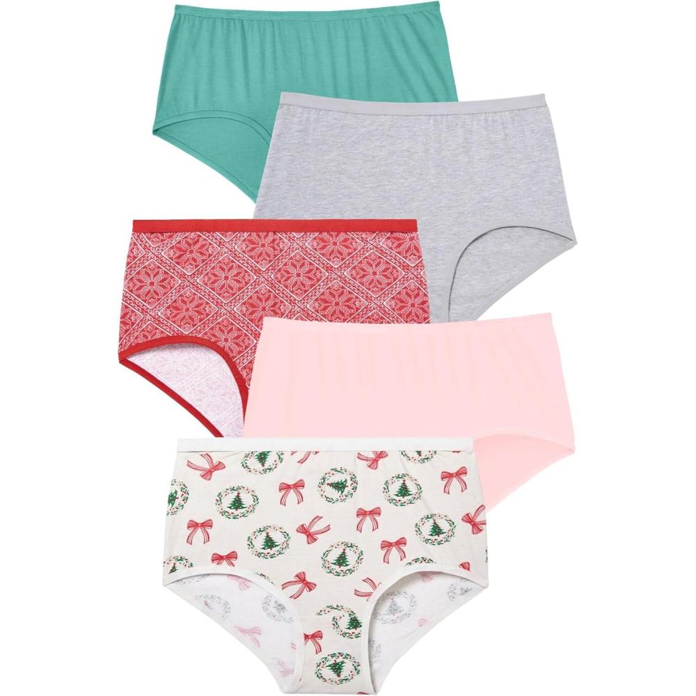 imageComfort Choice Plus Size Full Coverage Stretch Cotton Brief 5PackHoliday Wreath Pack