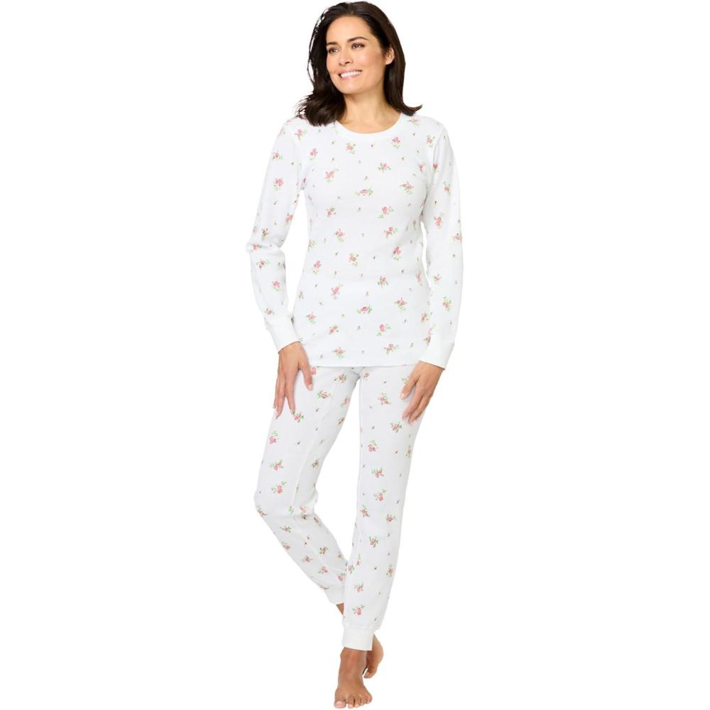 imageComfort Choice Plus Size Thermal Crewneck LongSleeve TopWhite Rose Bud