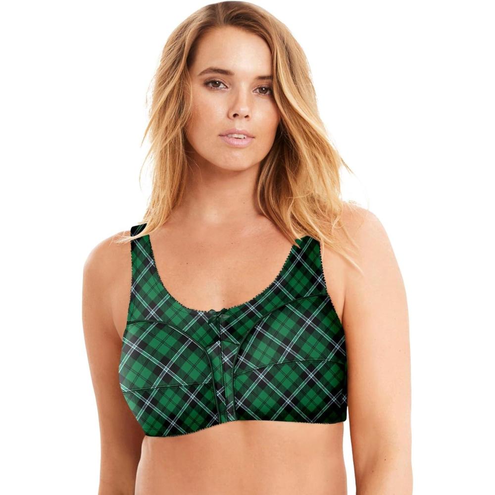 imageComfort Choice Womens Plus Size Cotton BackClose Wireless BraEmerald Plaid