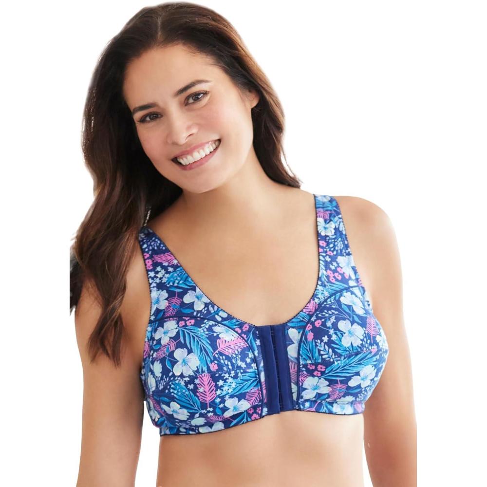imageComfort Choice Womens Plus Size Cotton FrontClose Wireless BraEvening Blue Foliage