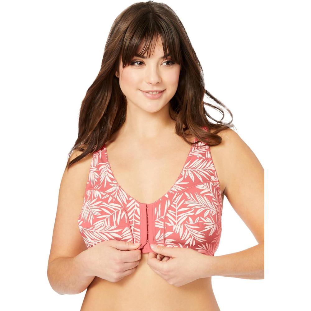 imageComfort Choice Womens Plus Size Cotton FrontClose Wireless BraSweet Coral Palms