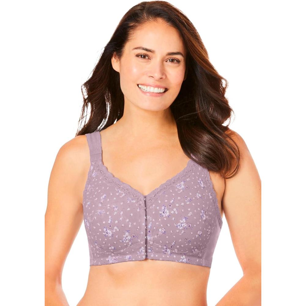 imageComfort Choice Womens Plus Size FrontClose Cotton Wireless Posture BraSunset Mauve Floral