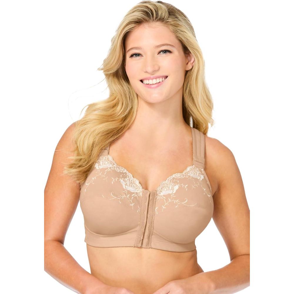 imageComfort Choice Womens Plus Size FrontClose Embroidered Wireless Posture BraNude