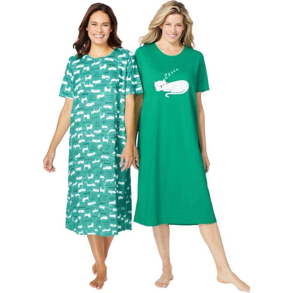 imageDreams ampamp Co Plus Size 2Pack Long SleepshirtsTropical Emerald Cat