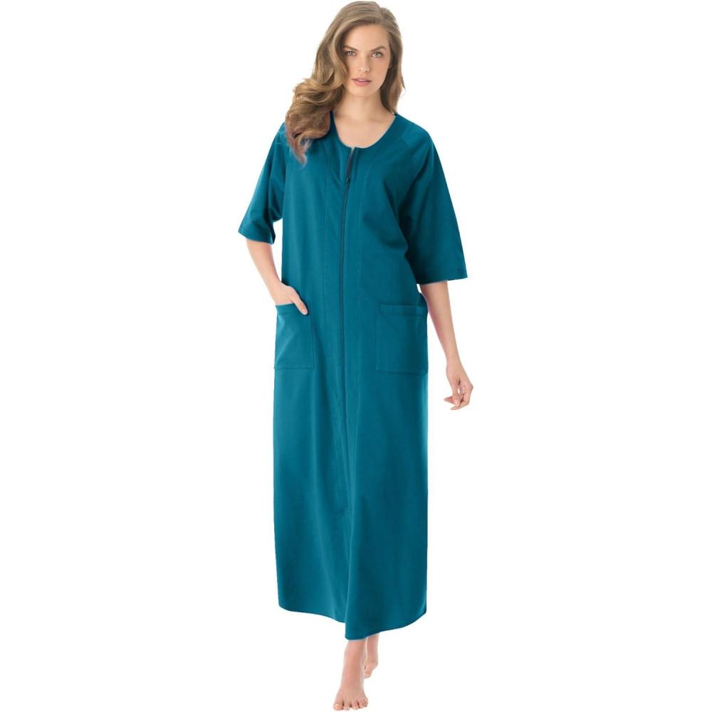 imageDreams ampamp Co Womens Plus Size Long French Terry ZipFront Robe Petite AvailableDeep Teal