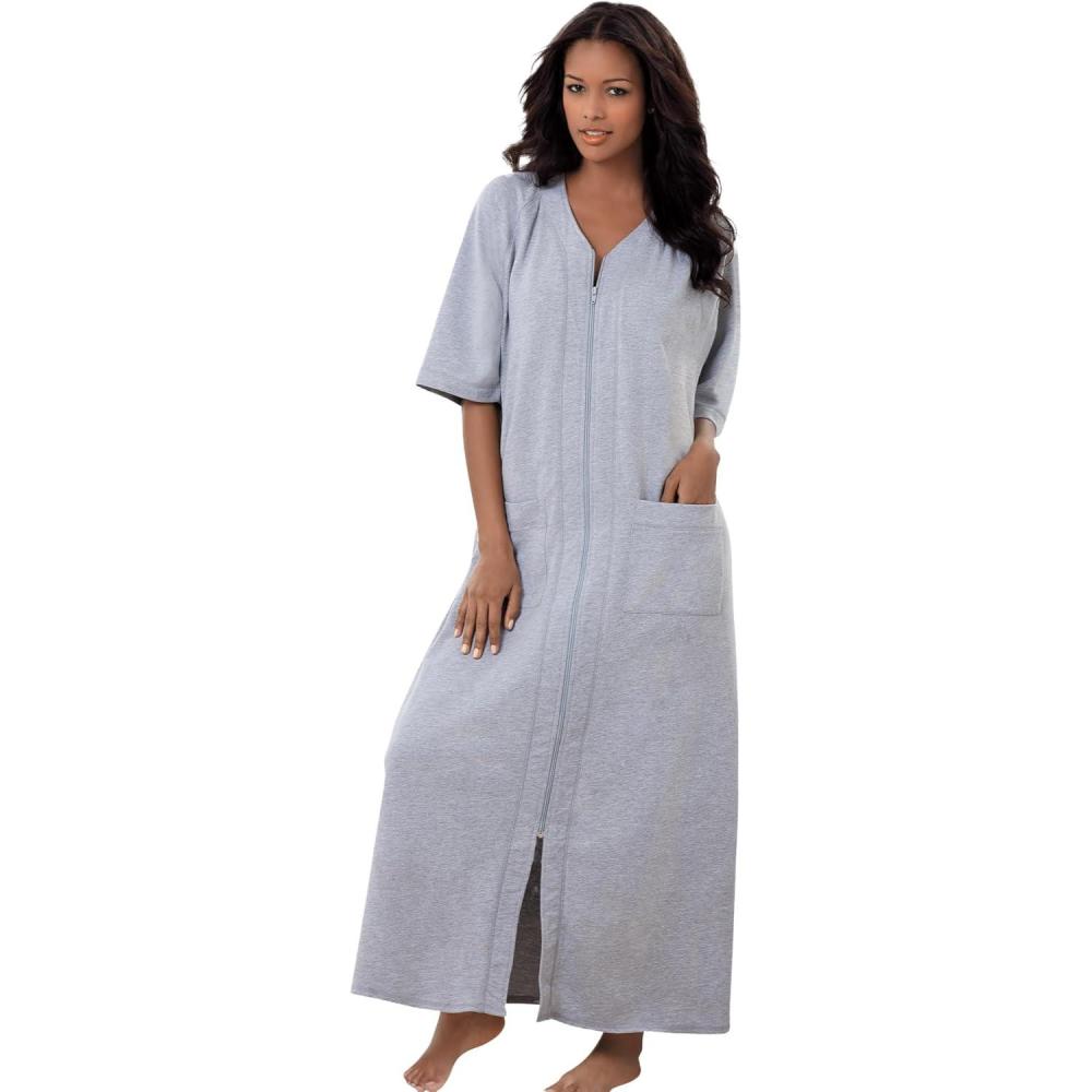 imageDreams ampamp Co Womens Plus Size Long French Terry ZipFront Robe Petite AvailableHeather Grey