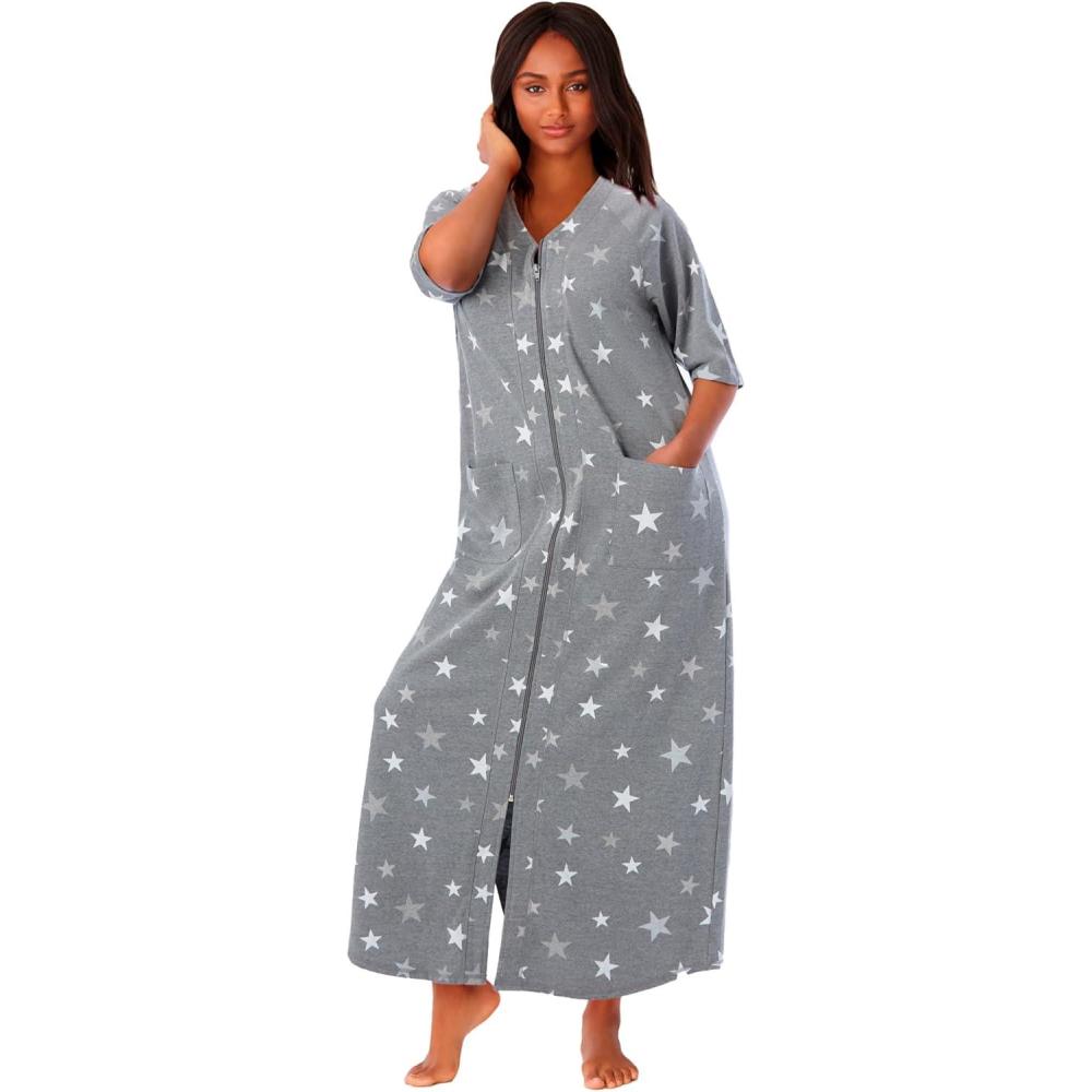 imageDreams ampamp Co Womens Plus Size Long French Terry ZipFront Robe Petite AvailableHeather Grey Stars
