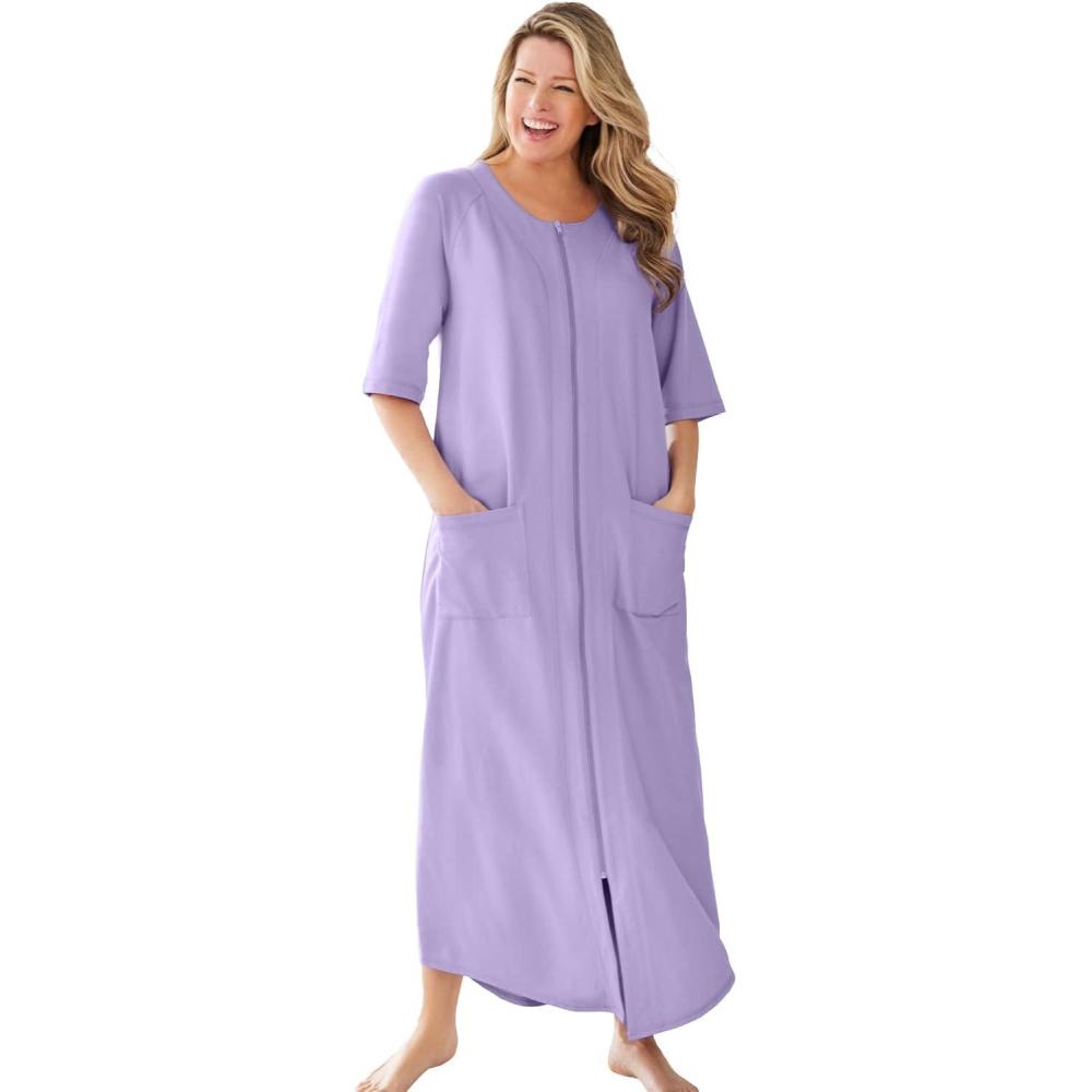 imageDreams ampamp Co Womens Plus Size Long French Terry ZipFront Robe Petite AvailableSoft Iris