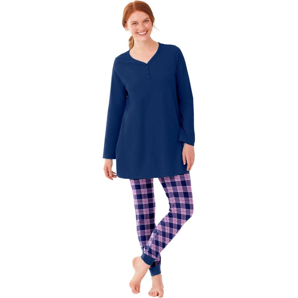imageOnly Necessities Plus Size Henley Tunic ampamp Jogger PJ SetEvening Blue Pink Plaid
